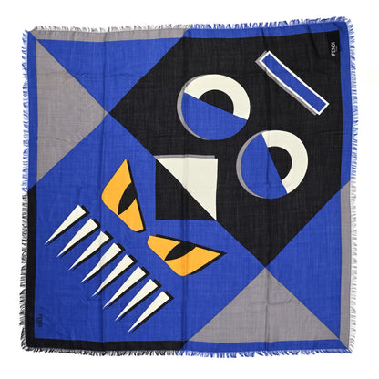 Fendi Silk Wool Fringe Monster Scarf Blue 2 of 5