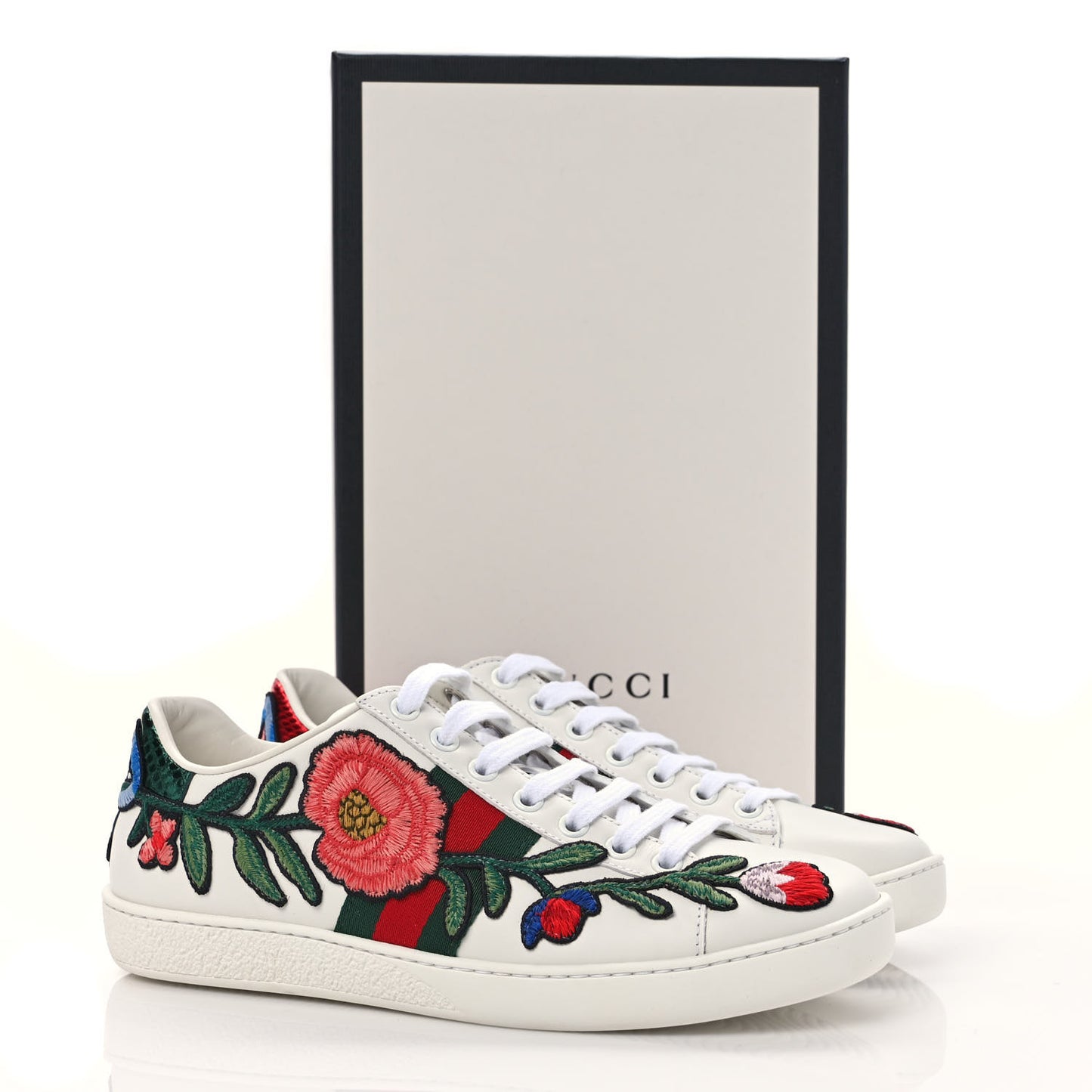 Calfskin Web Floral Embroidered Womens Ace Sneakers 37 White
