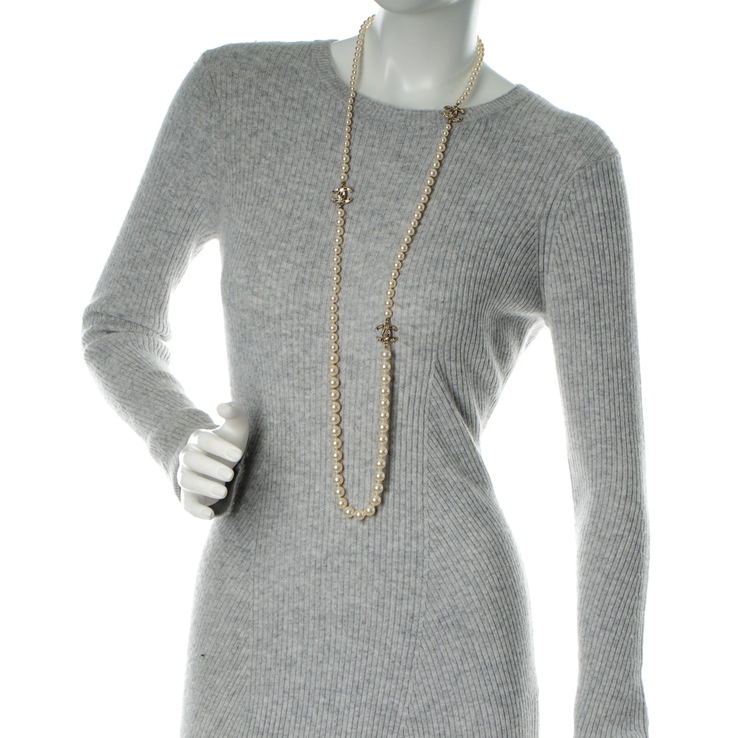 Graduated Pearl Crystal CC Long Necklace Black Gold