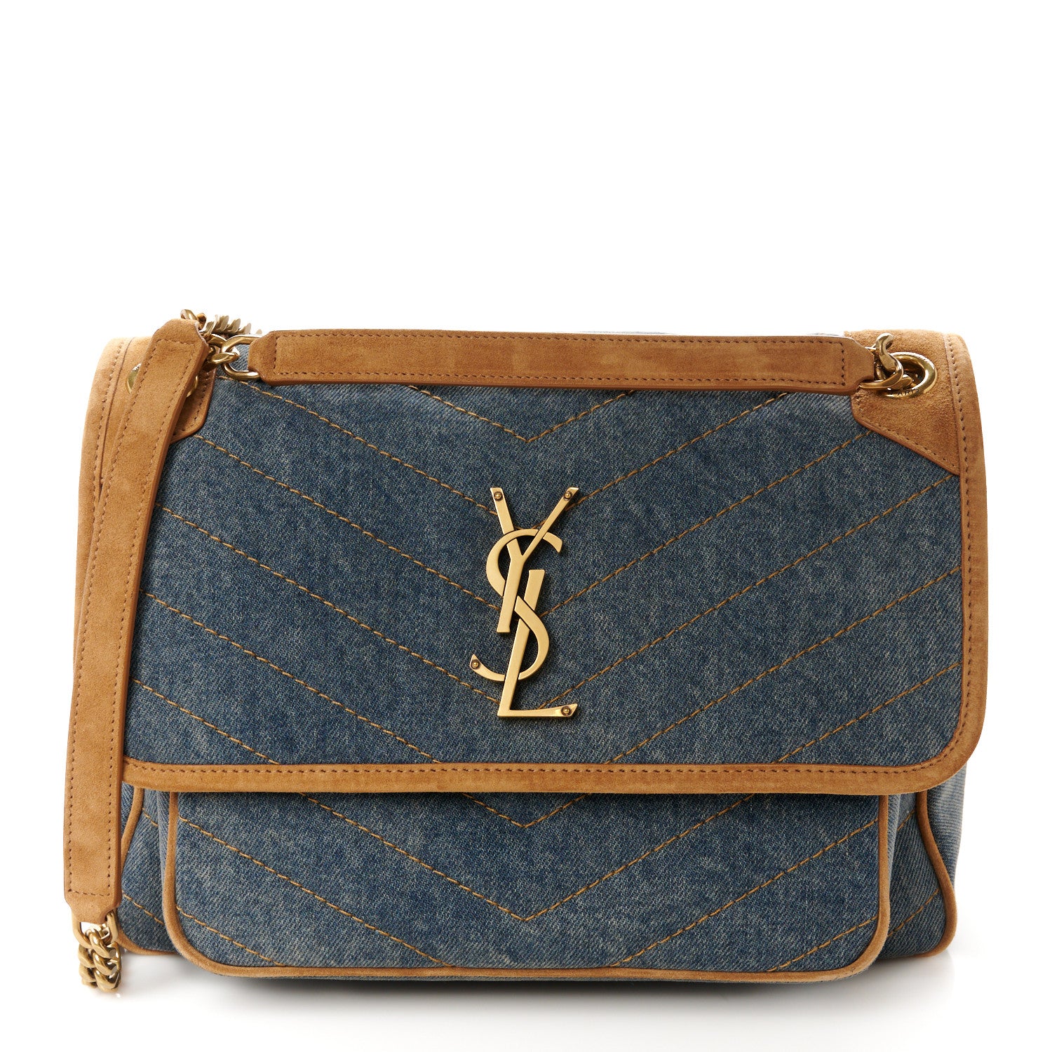 Saint Laurent Denim Suede Monogram Medium Niki Chain Satchel Blue Cinnamon 1 of 11