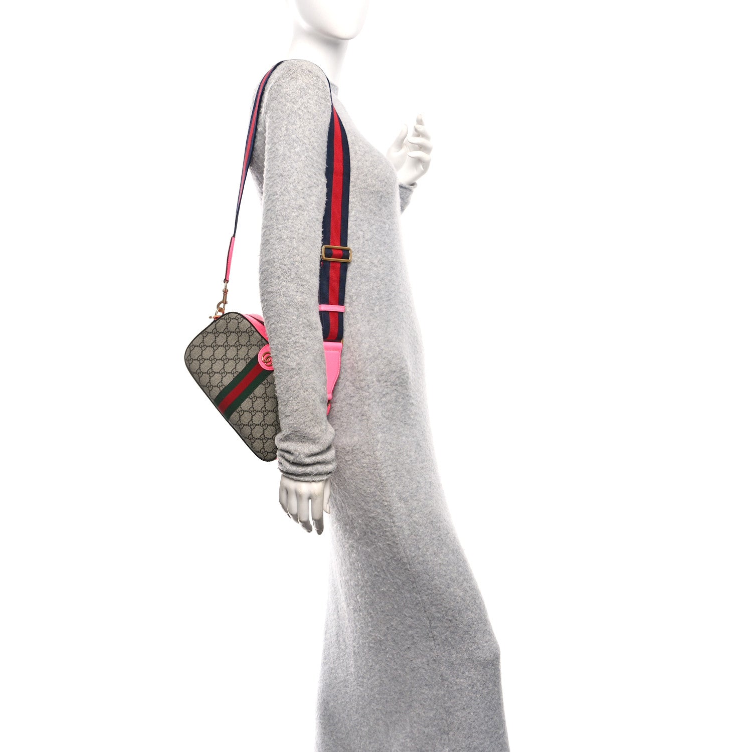 Gucci GG Supreme Monogram Textured Dollar Calfskin Web Ophidia Small Crossbody Bag Beige Ebony Fuchsia 2 of 10