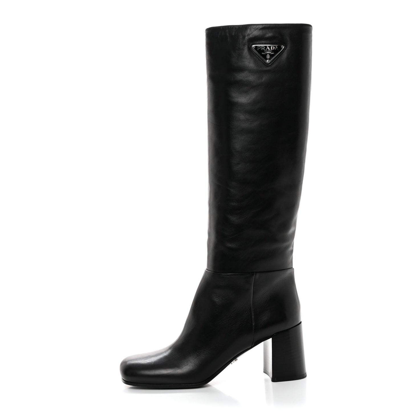 Vitello Metal Triangle Logo Block Heel 65mm Knee Boots 39 Black