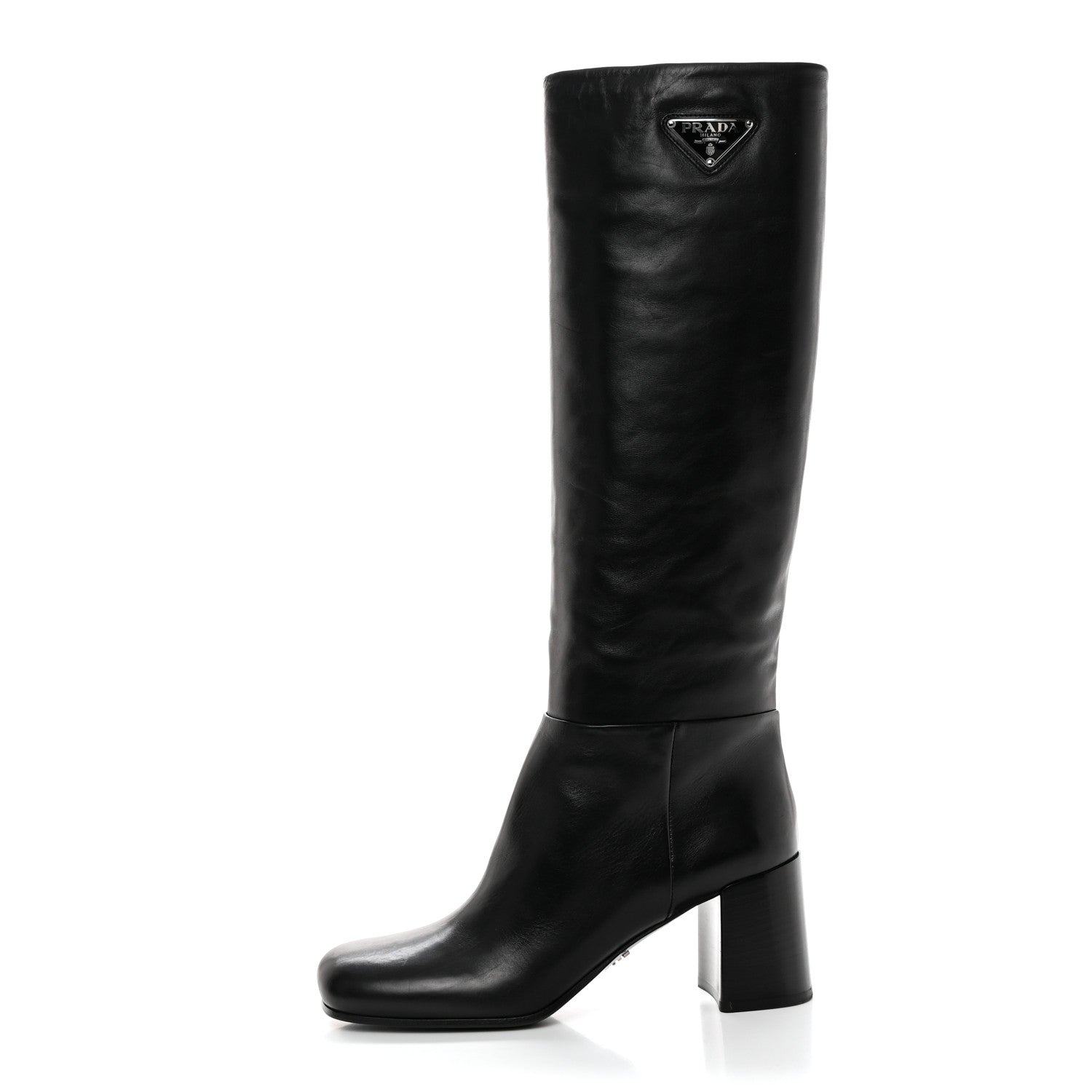 Prada Vitello Metal Triangle Logo Block Heel 65mm Knee Boots 39 Black 1 of 7