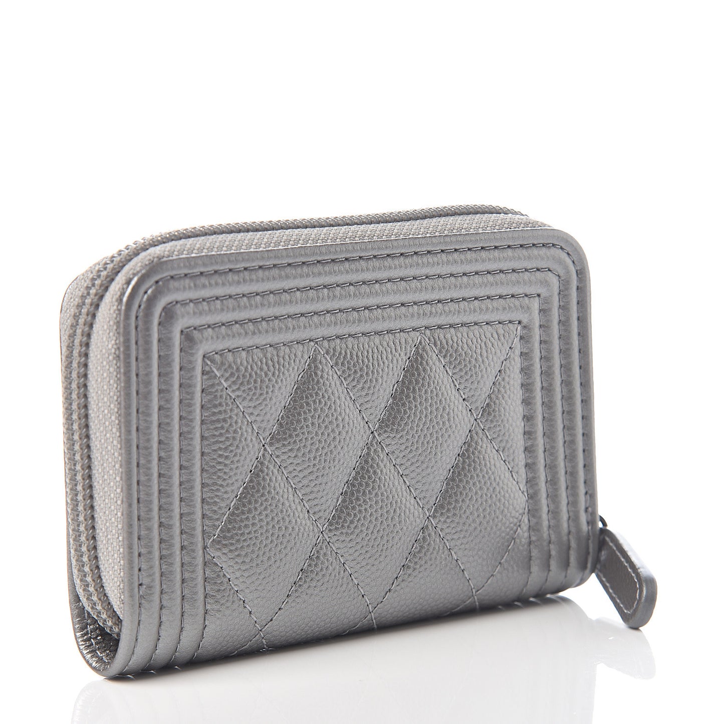 Metallic Caviar Quilted Boy Zip Around Coin Purse Wallet Silver