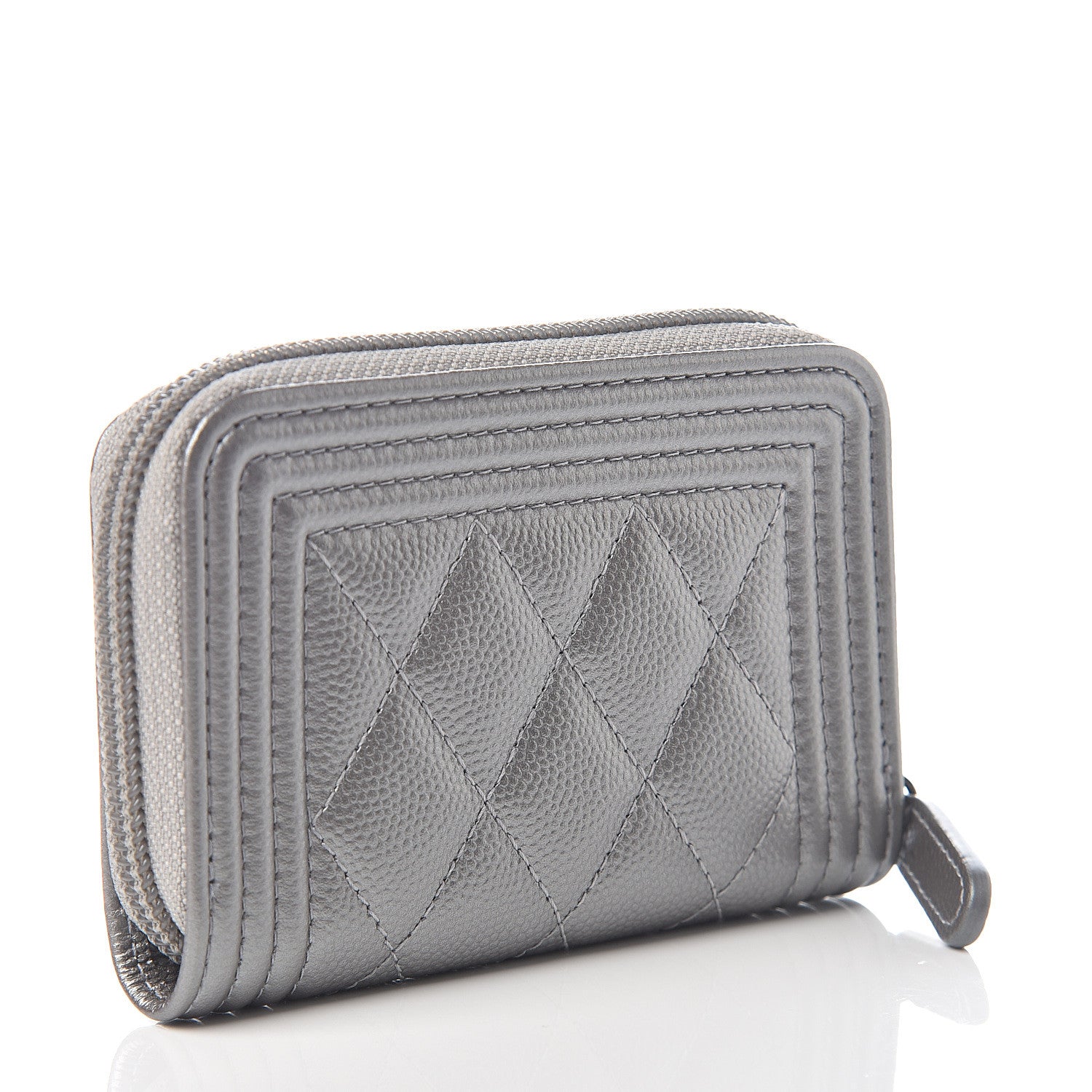 Chanel Metallic Caviar Quilted Boy Zip Around Coin Purse Wallet Silver 2 of 7
