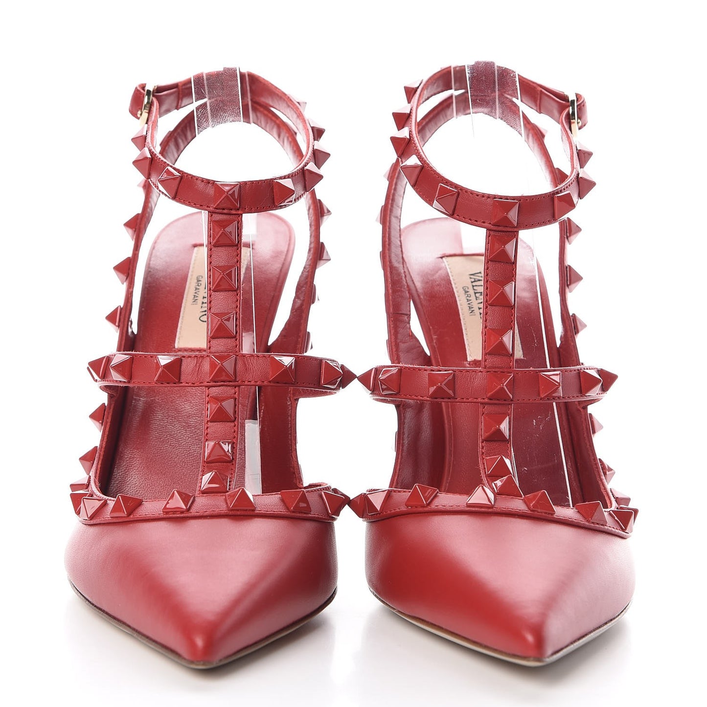 Calfskin Lacquered Monochrome Rockstud Ankle Strap 100mm Pumps 38 Rosso Valentino