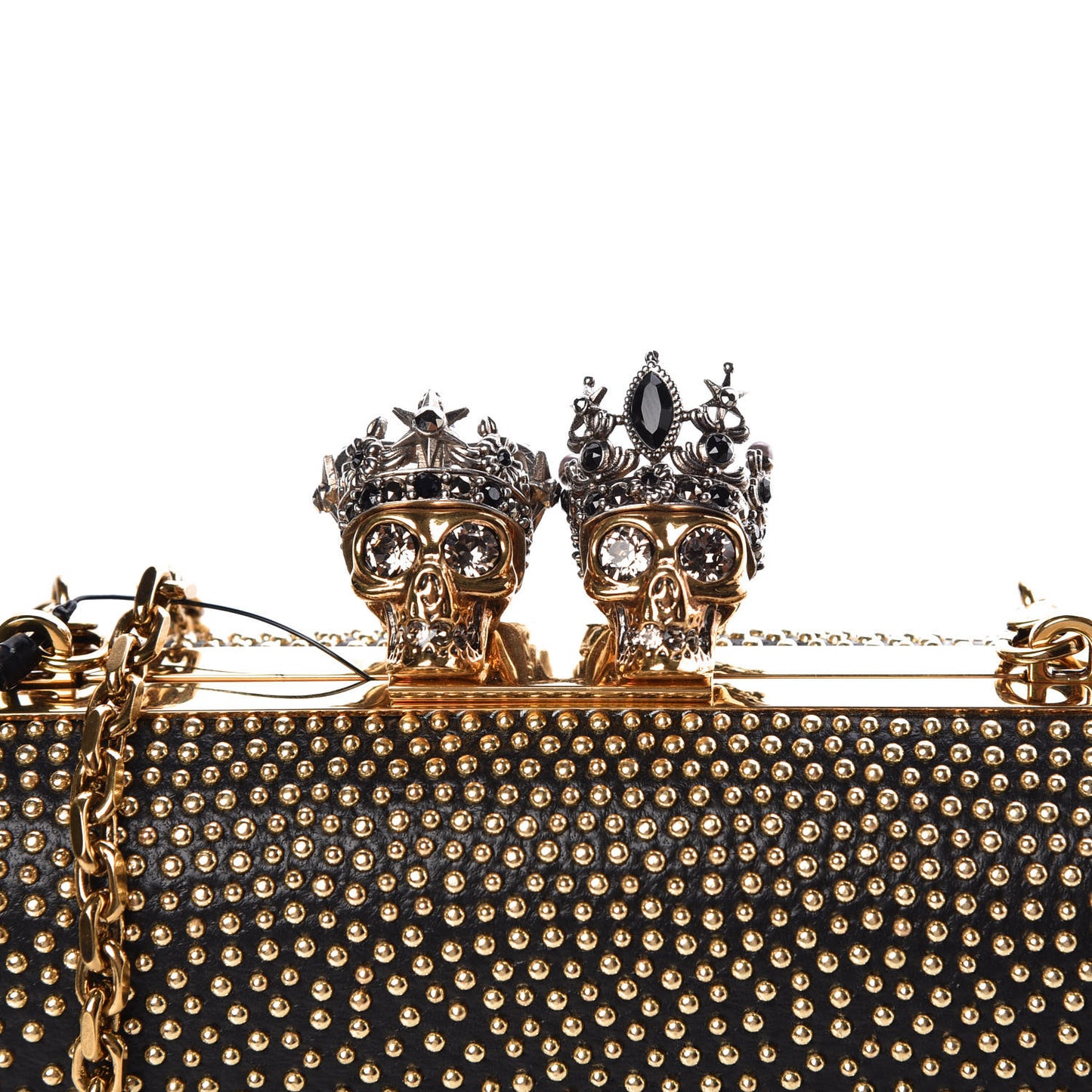 Crystal Nappa Queen and King Skull Box Chain Clutch Black Gold