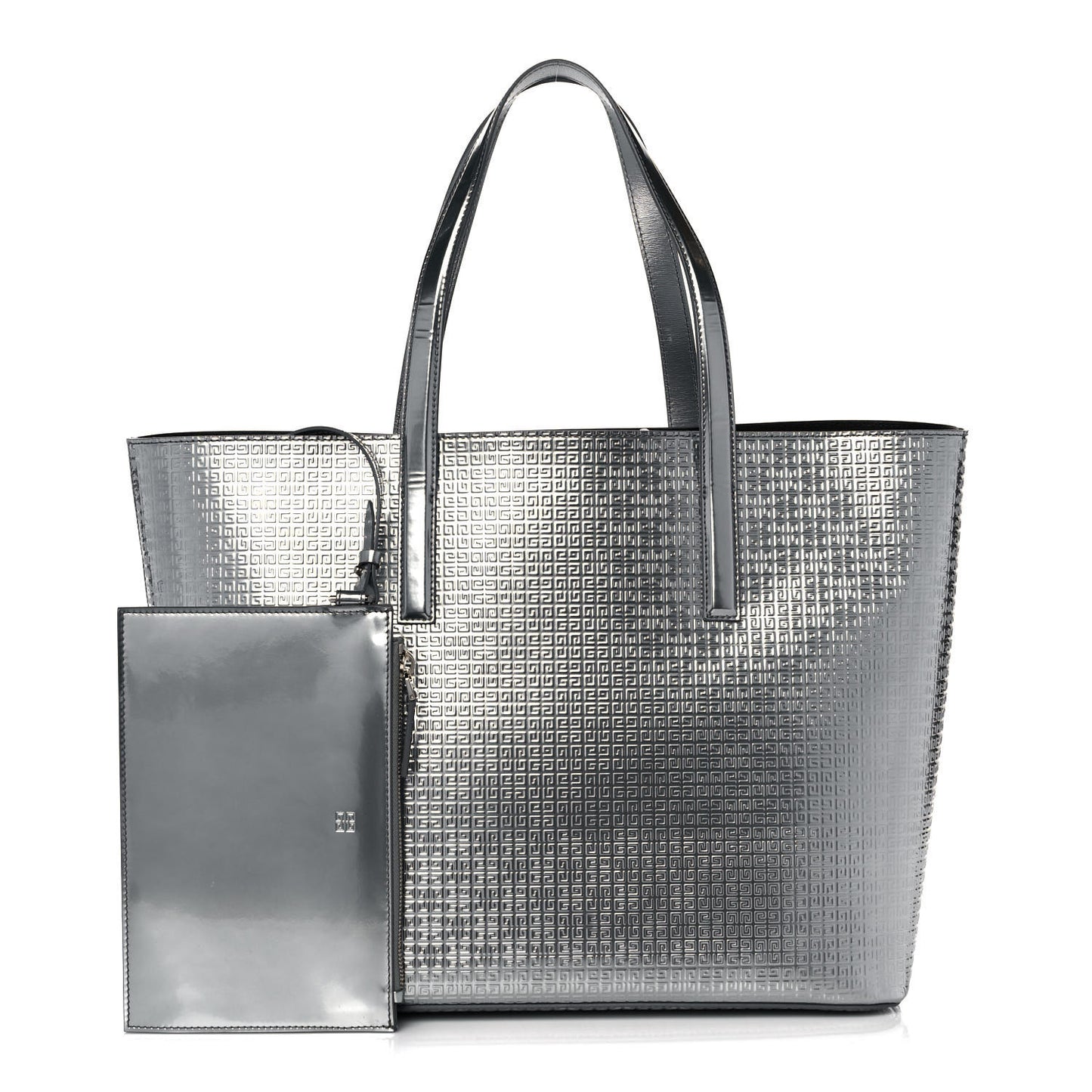 Metallic Calfskin Logo Embossed Wing Shopper Tote Silver
