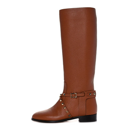 Valentino Garavani Calfskin Rockstud Knee High Flat Boots 36.5 Tan 1 of 6