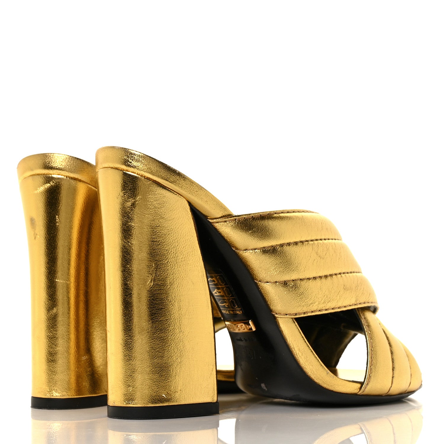 Gucci Metallic Nappa Webby Crossover High Heel Slide Sandals 37 Oro Vecchio 4 of 9