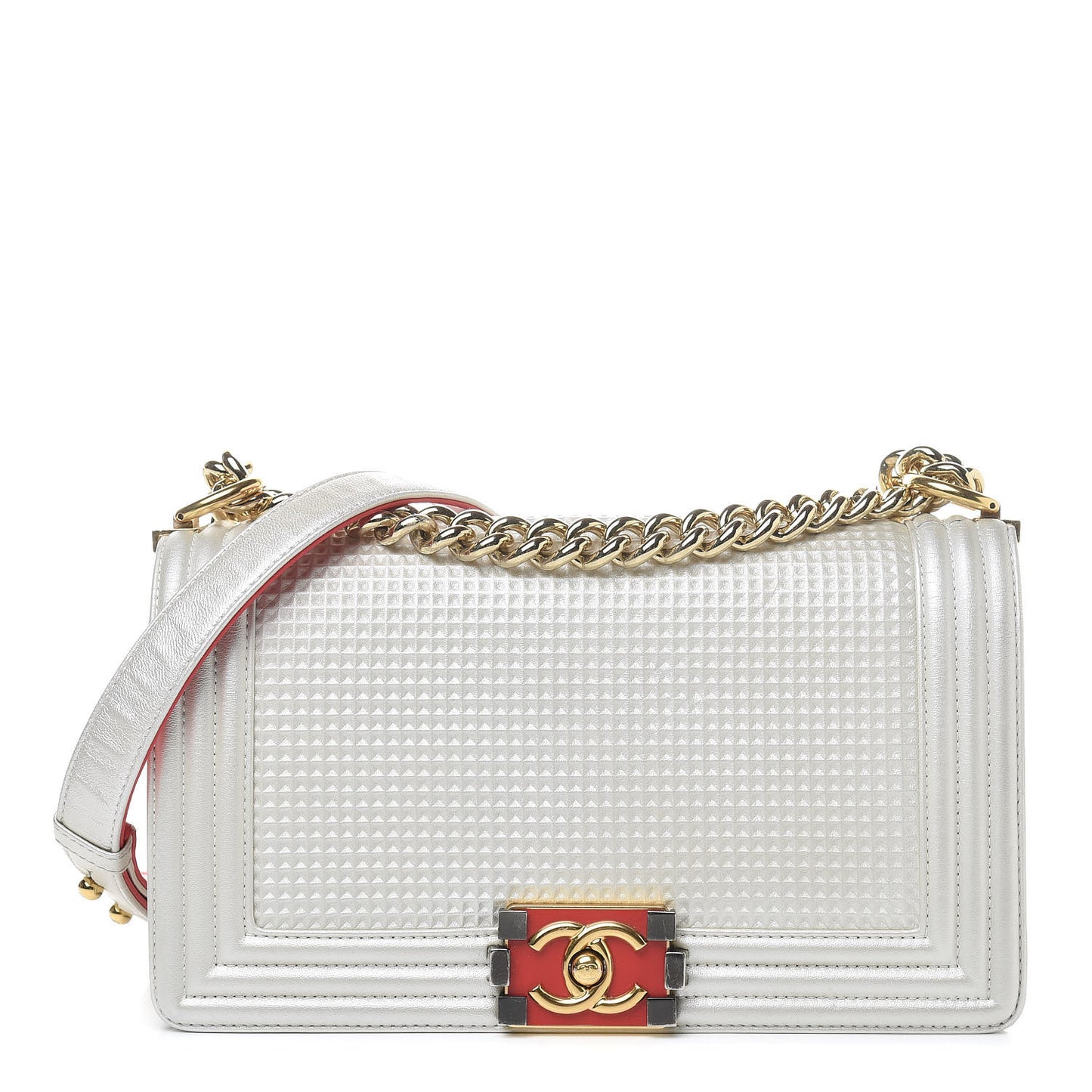 Lambskin Embossed Medium Boy Cube Flap White Red