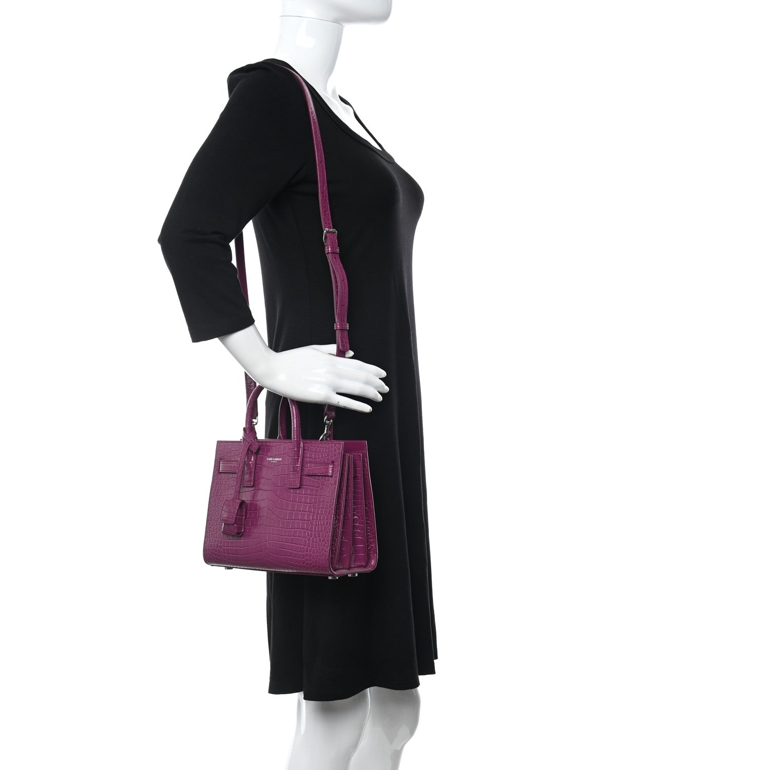 Saint Laurent Calfskin Crocodile Embossed Nano Sac De Jour Violet