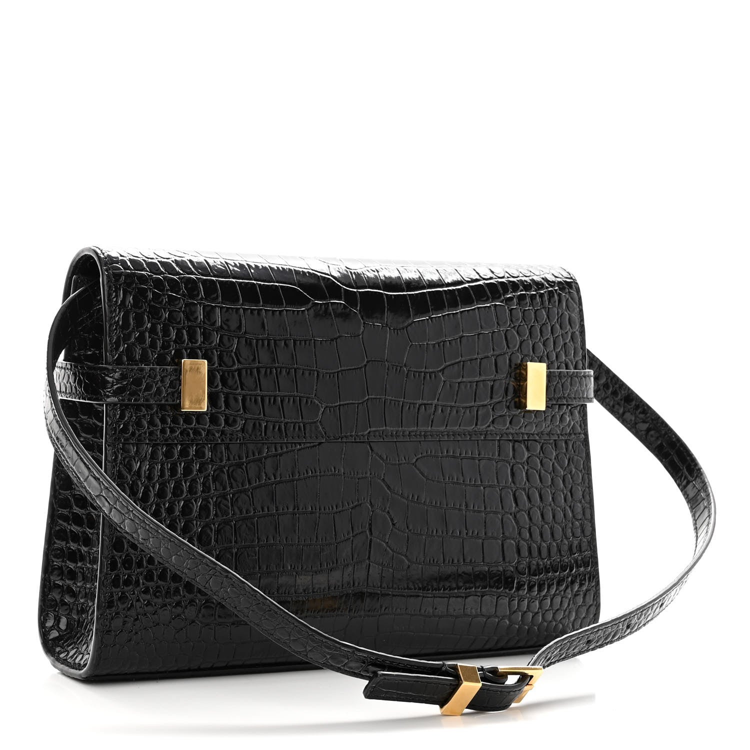 Saint Laurent Shiny Calfskin Crocodile Embossed Small Manhattan Baguette Black 3 of 9