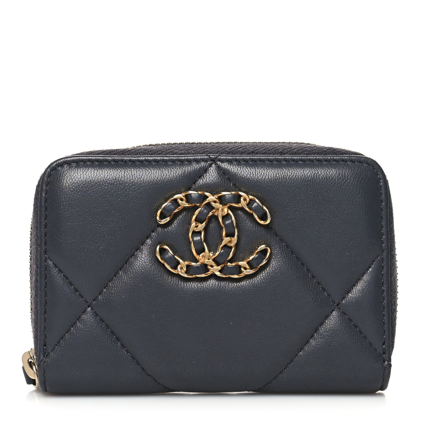 Lambskin Quilted Chanel 19 Zip Around Coin Purse Wallet Dark Grey