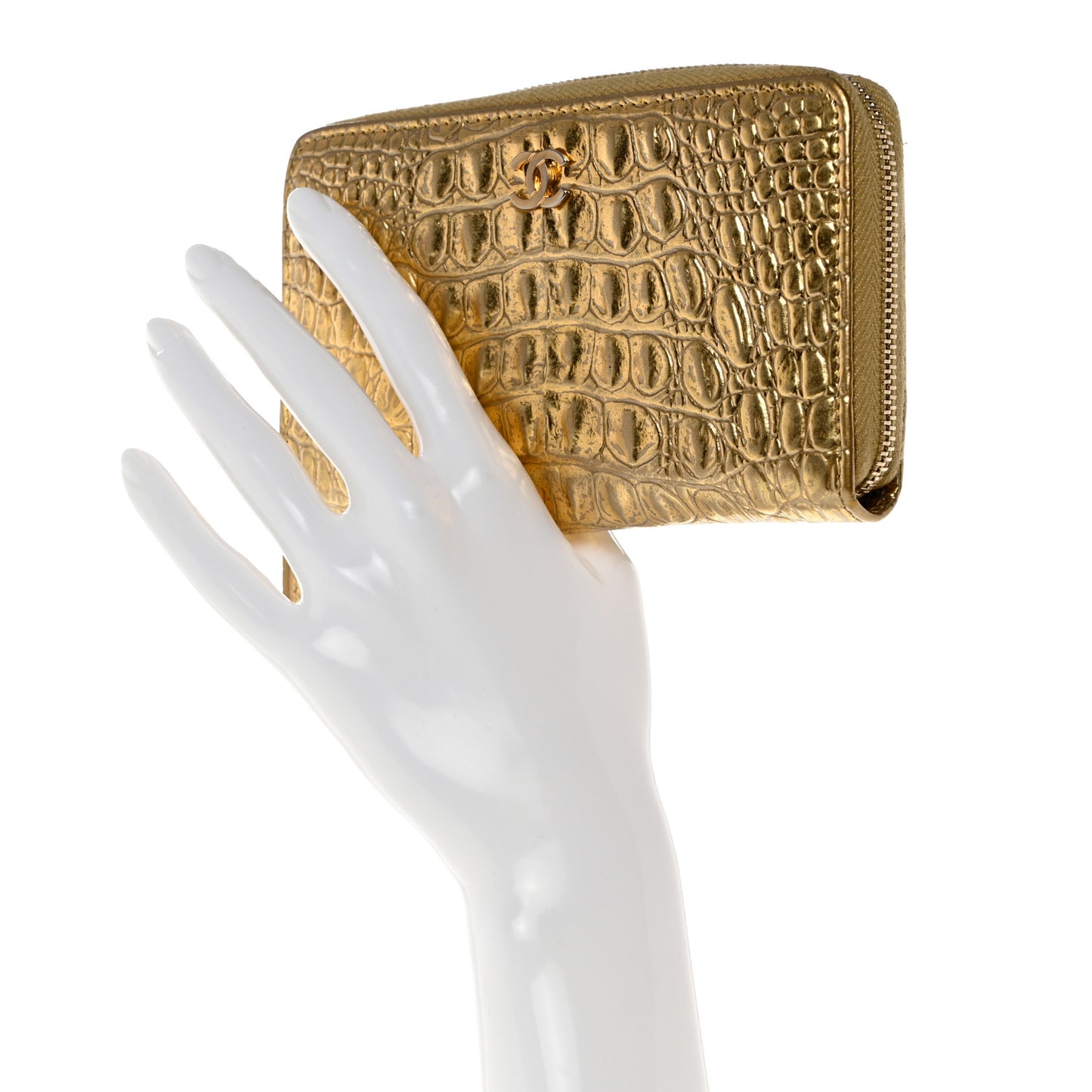 Metallic Calfskin Crocodile Embossed Small Zip Wallet Gold