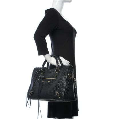 Balenciaga Calfskin Crocodile Embossed Classic Hardware City Black 3 of 10