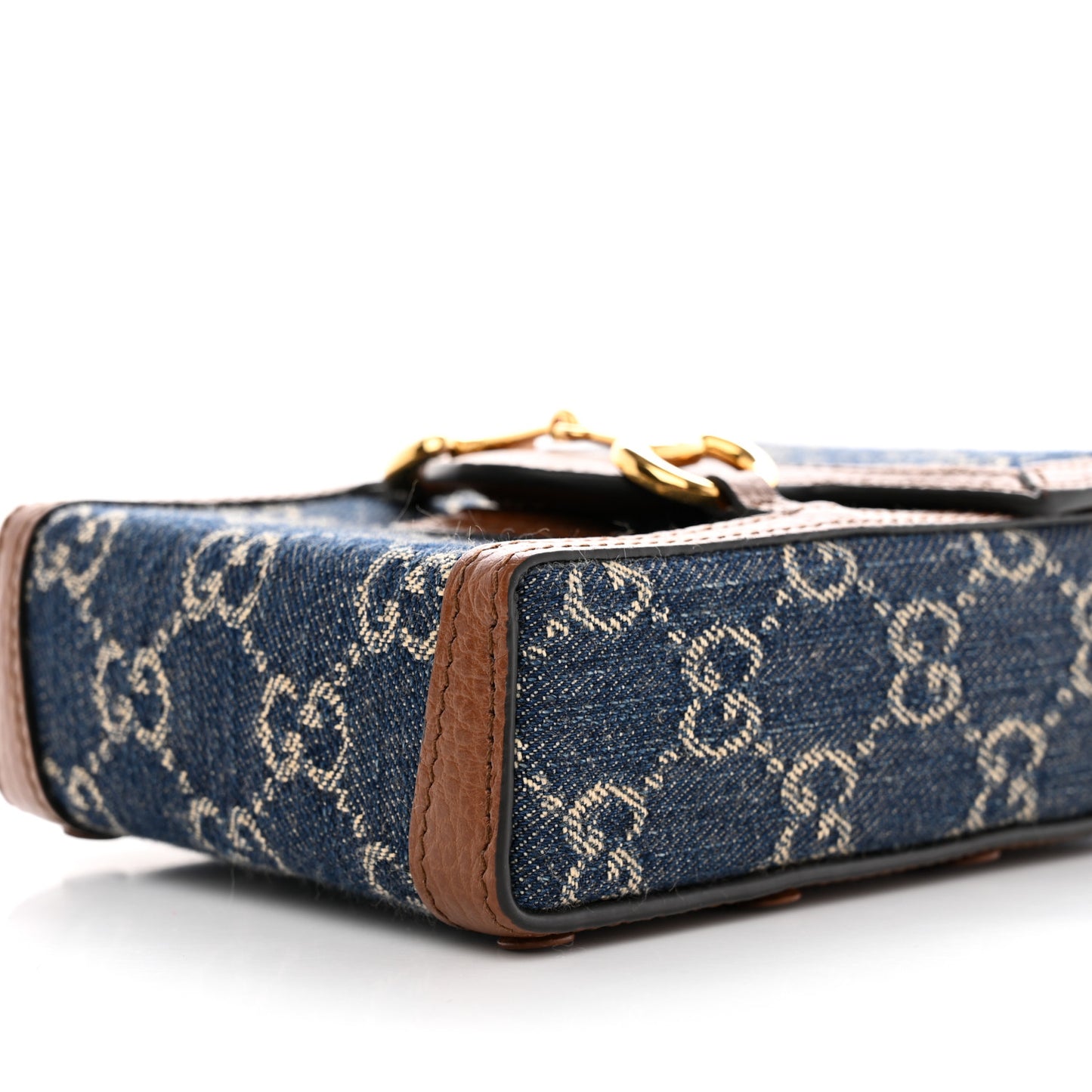 New Denim GG Monogram Dollar Calfskin Mini Horsebit 1955 Crossbody Bag Blue Tea Cuir Epilog