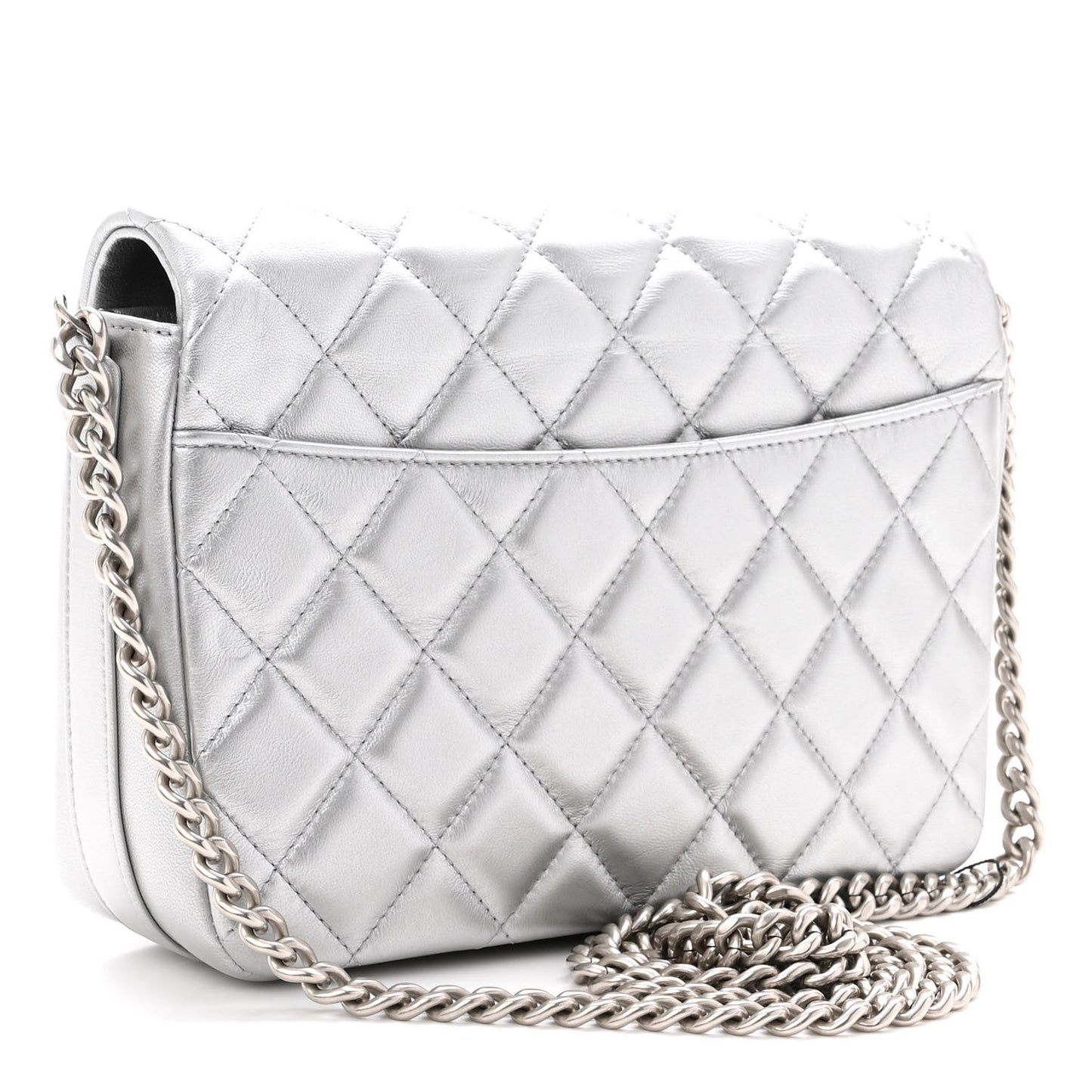 Metallic Lambskin Quilted Mini Maxi CC Flap Argent