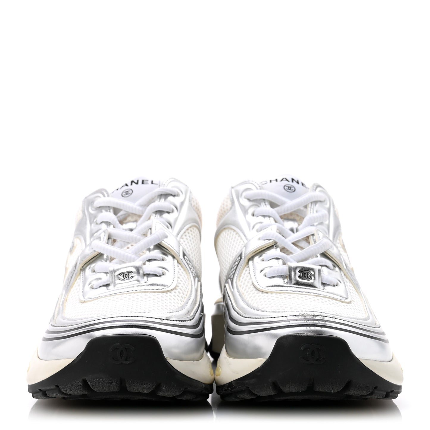 Fabric Laminated Calfskin Stretch CC Womens Sneakers 38 White Silver