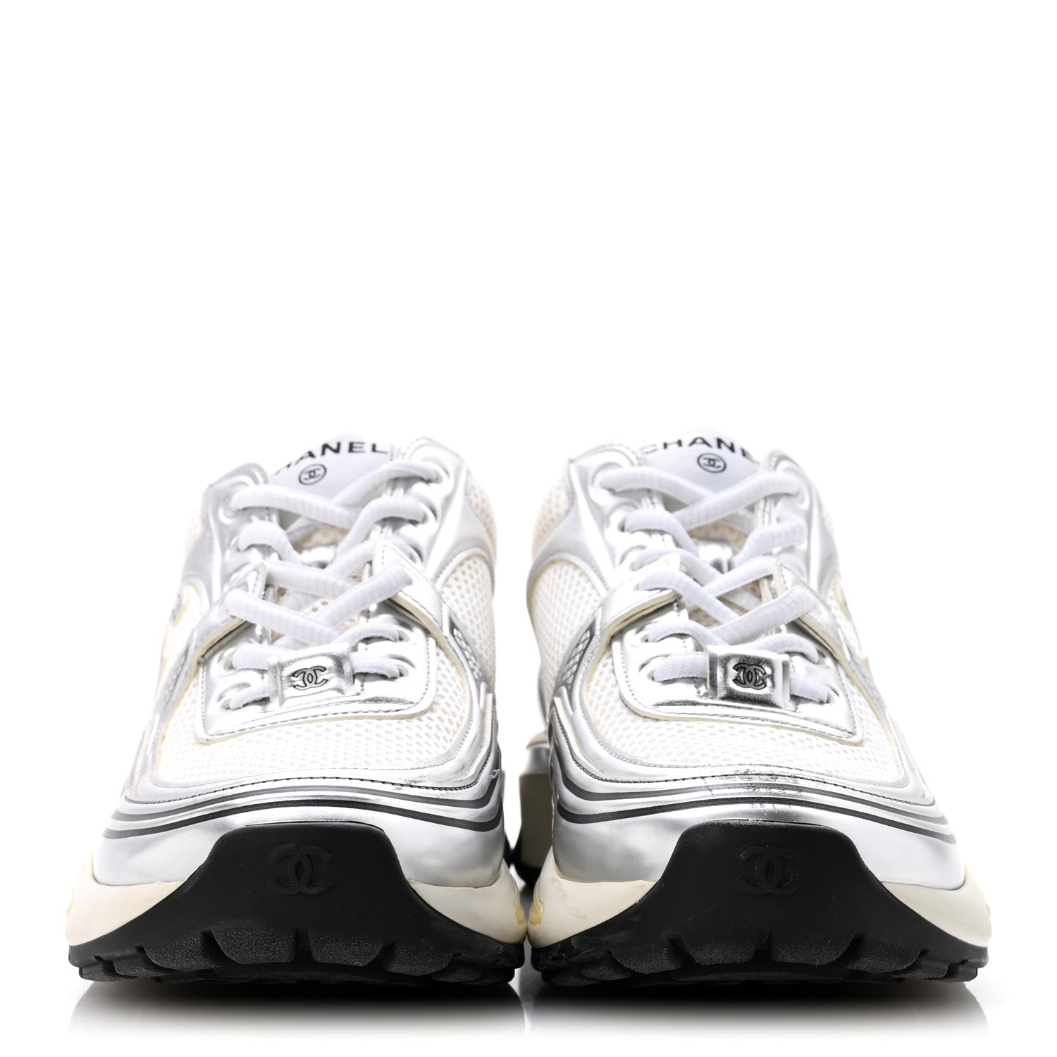 Chanel Fabric Laminated Calfskin Stretch CC Womens Sneakers 38 White Silver 3 of 11