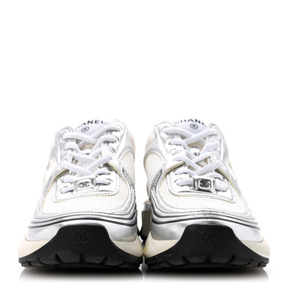 Chanel Fabric Laminated Calfskin Stretch CC Womens Sneakers 38 White Silver 3 of 11