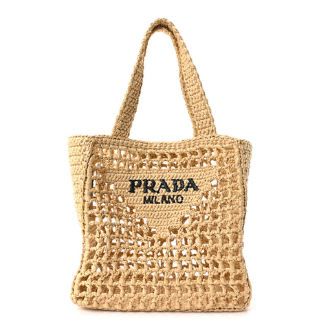 Yarn Raffia Effect Crochet Logo Embroidered Small Tote Bag Naturale