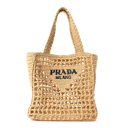 Prada Yarn Raffia Effect Crochet Logo Embroidered Small Tote Bag Naturale 1 of 9