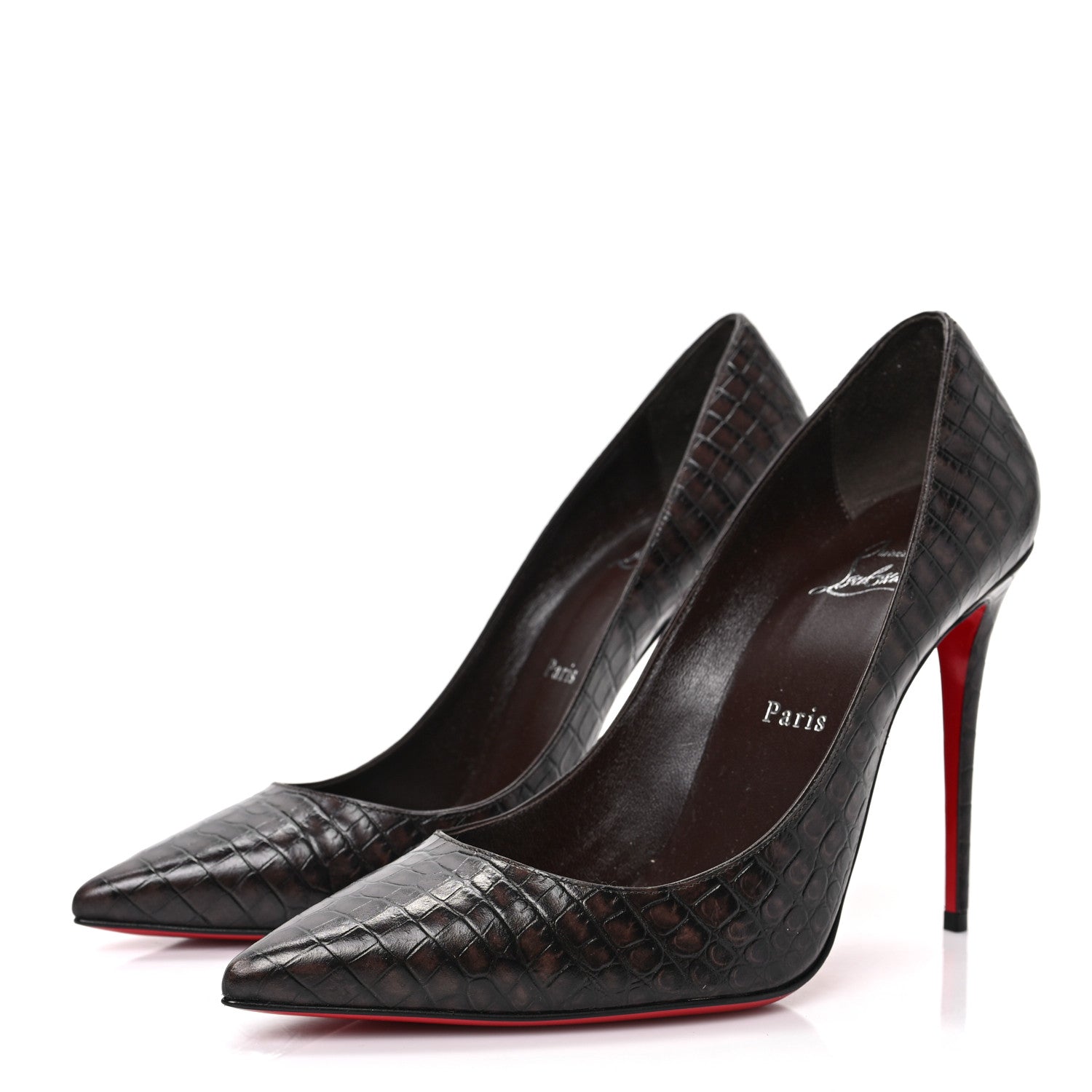 Christian Louboutin Calfskin Crocodile Embossed Kate 100 Pumps 40 Expresso 3 of 7