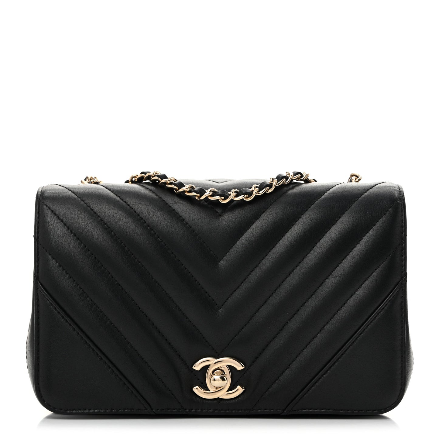 Calfskin Chevron Quilted Mini Statement Flap Black