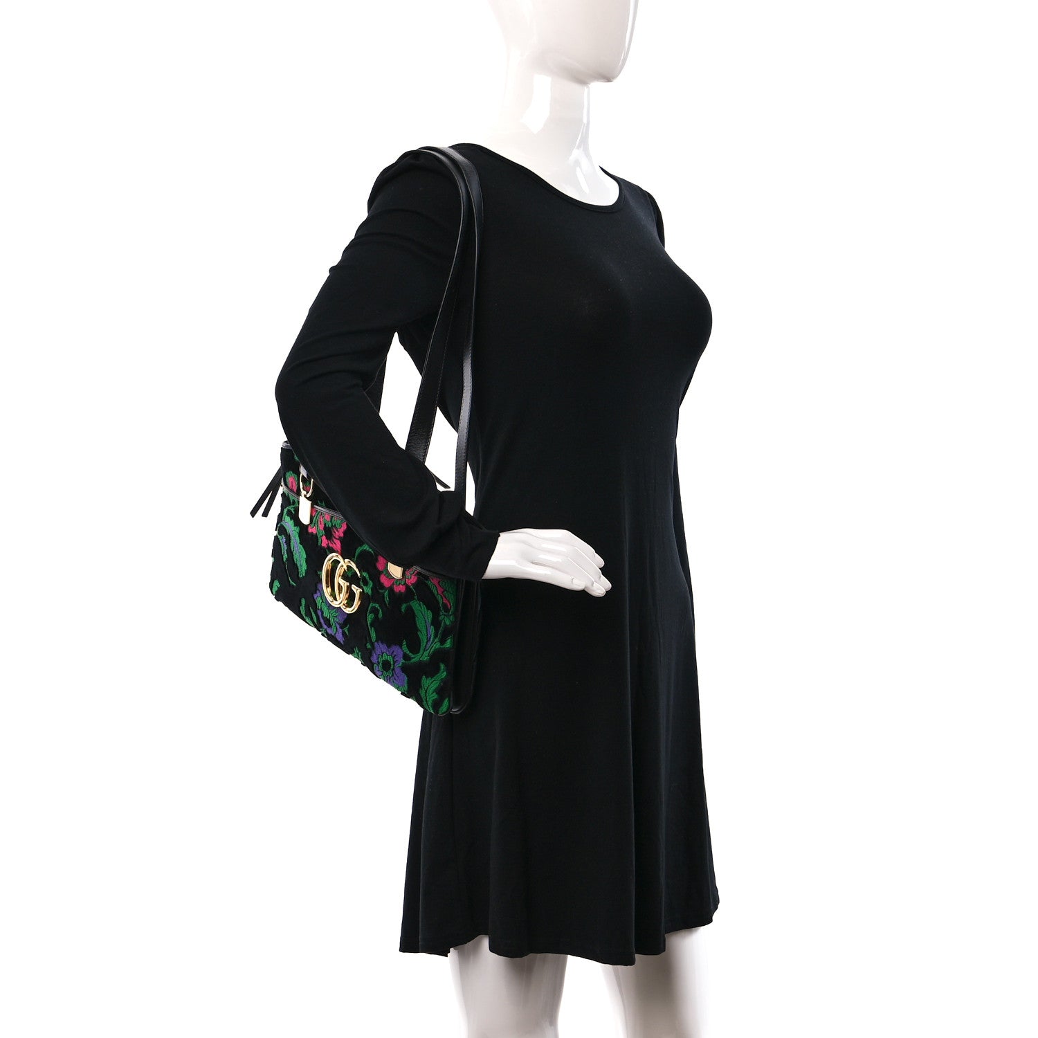 Gucci Velvet Jacquard Floral Embroidered Large Arli Top Handle Bag Black Green Multicolor 2 of 11