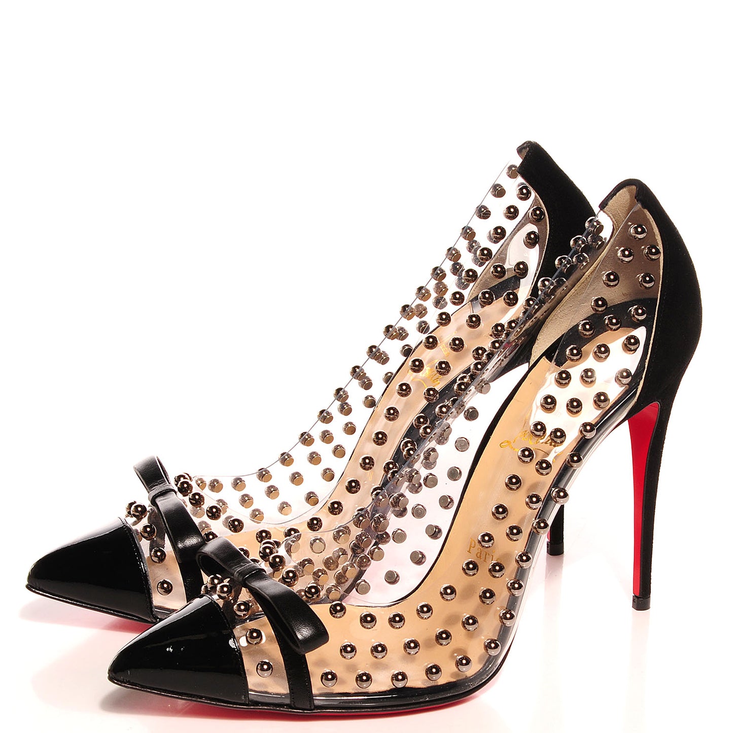 Suede Patent Bille et Boule 100 Studded Clear Bow Pumps Black 40.5