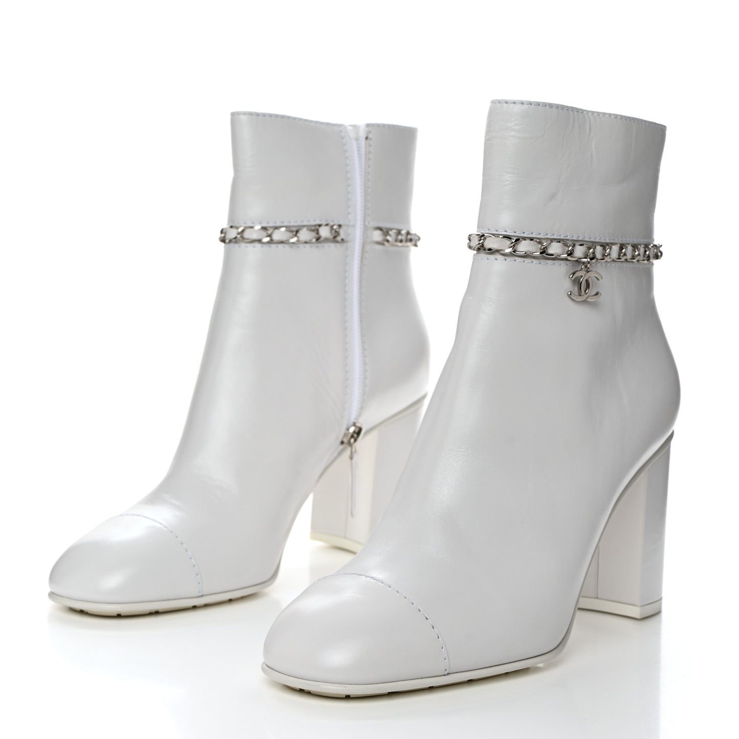 Crumpled Calfskin Cap Toe Chain Short Boots 40 White