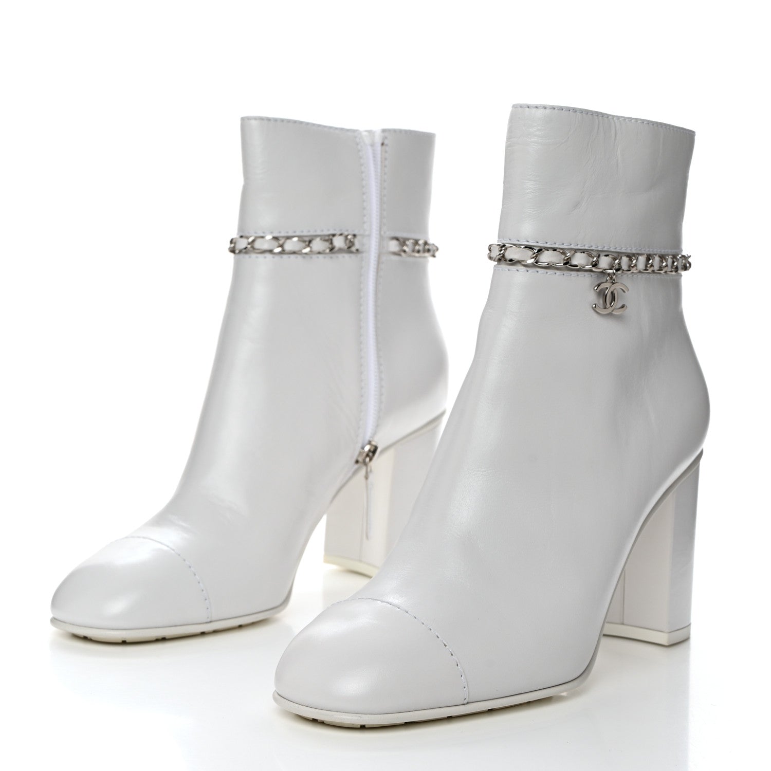 Chanel Crumpled Calfskin Cap Toe Chain Short Boots 40 White 3 of 8