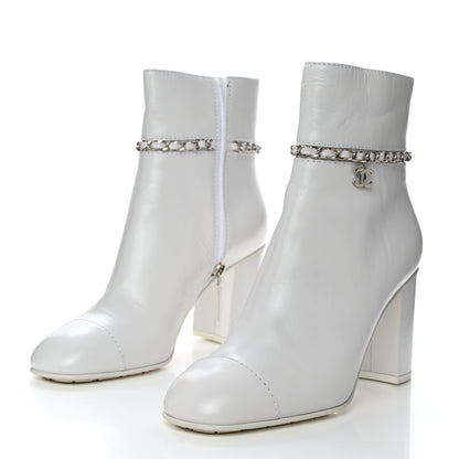 Chanel Crumpled Calfskin Cap Toe Chain Short Boots 40 White 3 of 8