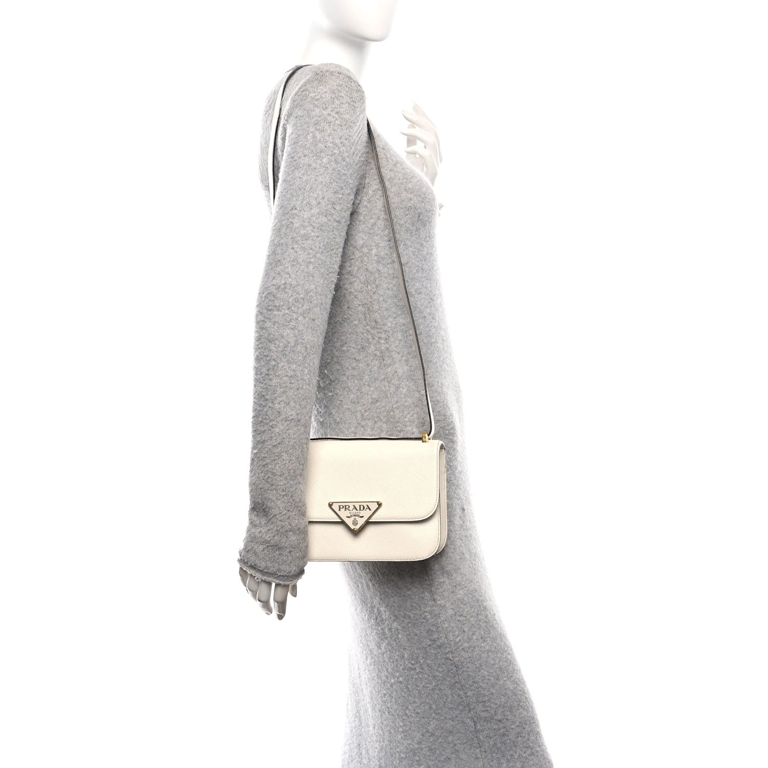 Prada Saffiano Cuir Triangle Embleme Flap Shoulder Bag White 2 of 16