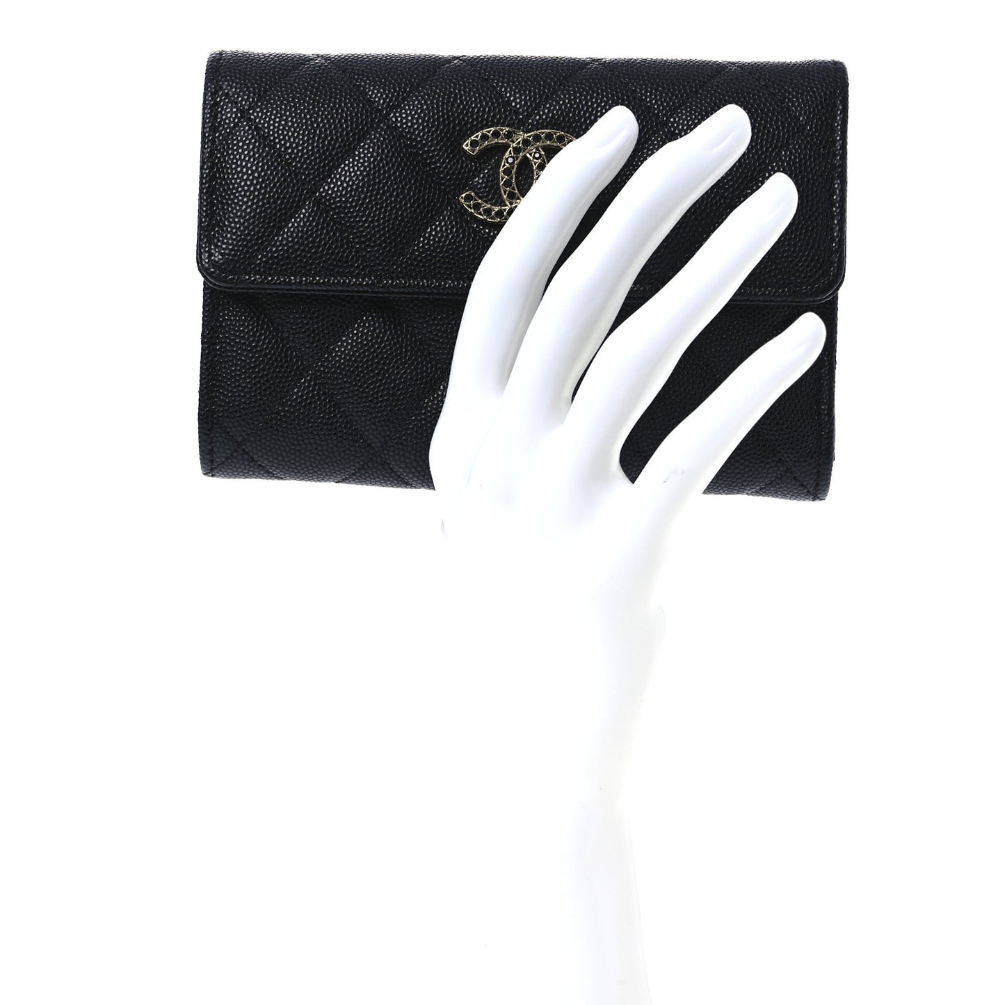 Caviar Quilted Crystal CC Medium Flap Wallet Black