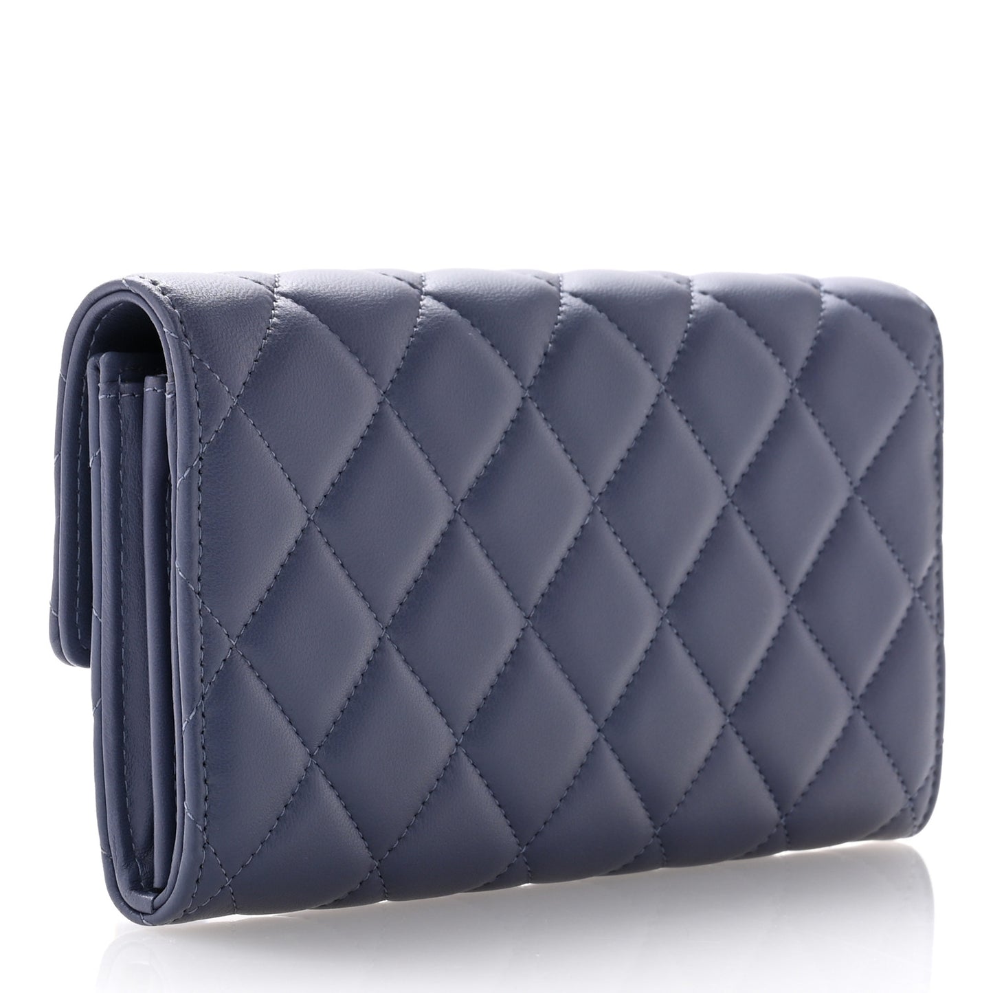 Lambskin Quilted Charms Large Gusset Flap Wallet Blue