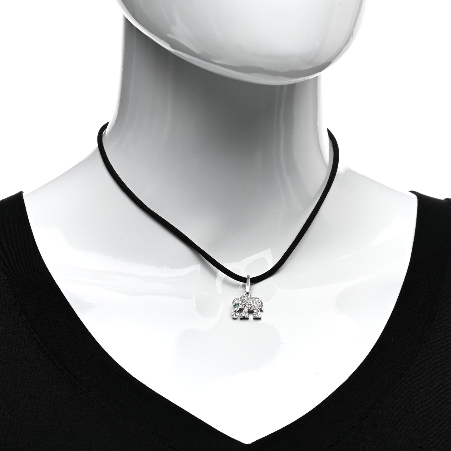18K White Gold Diamond Emerald Elephant Charm Cord Necklace Black
