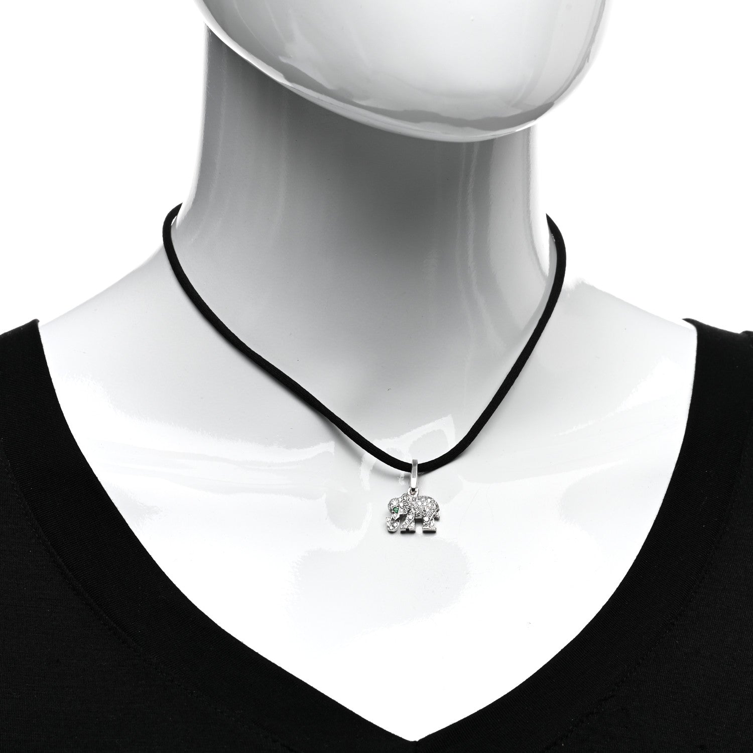 Cartier 18K White Gold Diamond Emerald Elephant Charm Cord Necklace Black 2 of 4