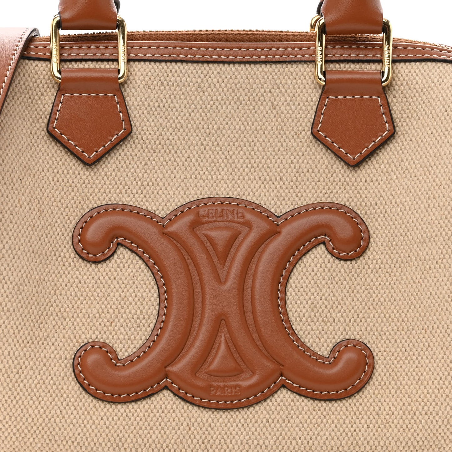 Triomphe Textile Calfskin Small Boston Bag Natural Tan