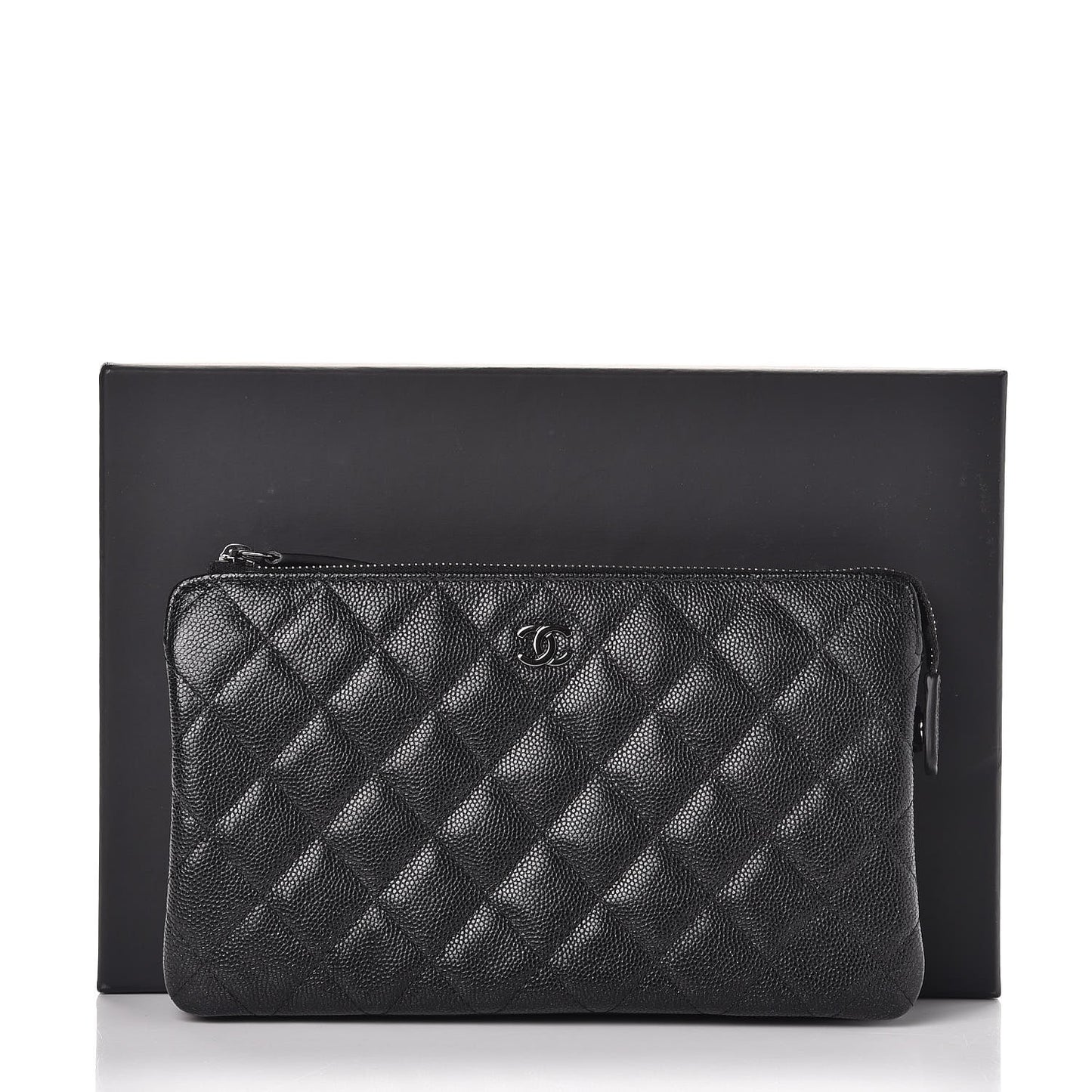 Iridescent Caviar Quilted Large Zipped Clutch Black