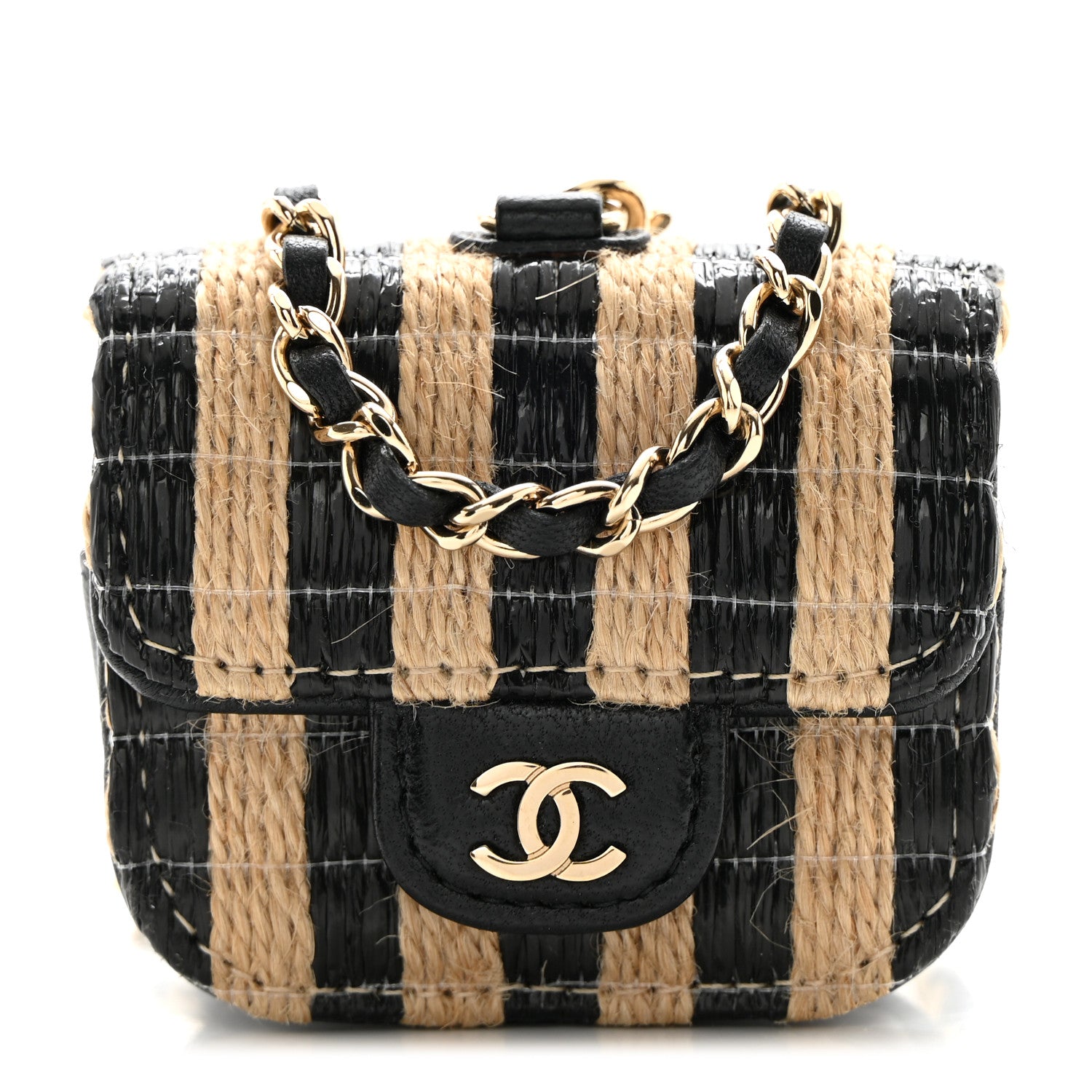 Chanel Raffia Jute Striped Airpods Pro Case Black Beige 1 of 11