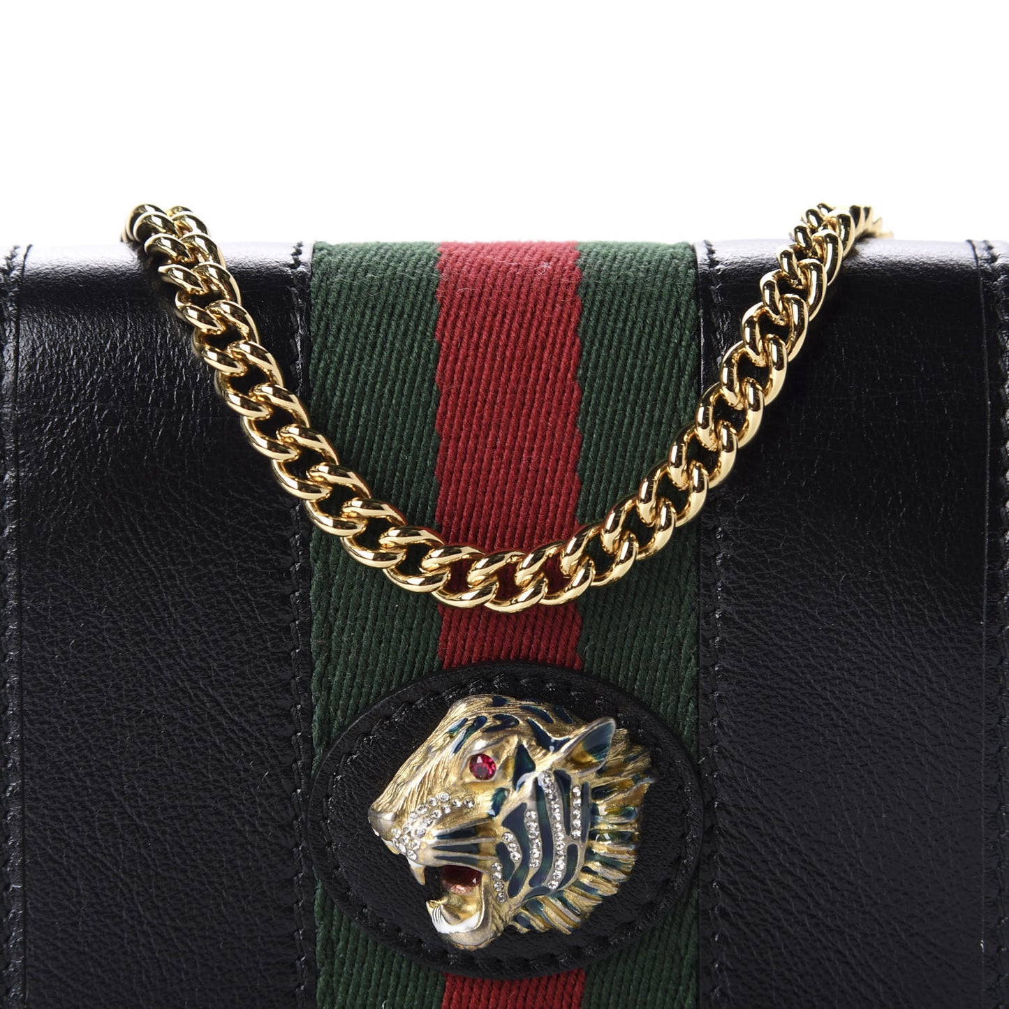 Calfskin Web Rajah Chain Card Case Wallet Black