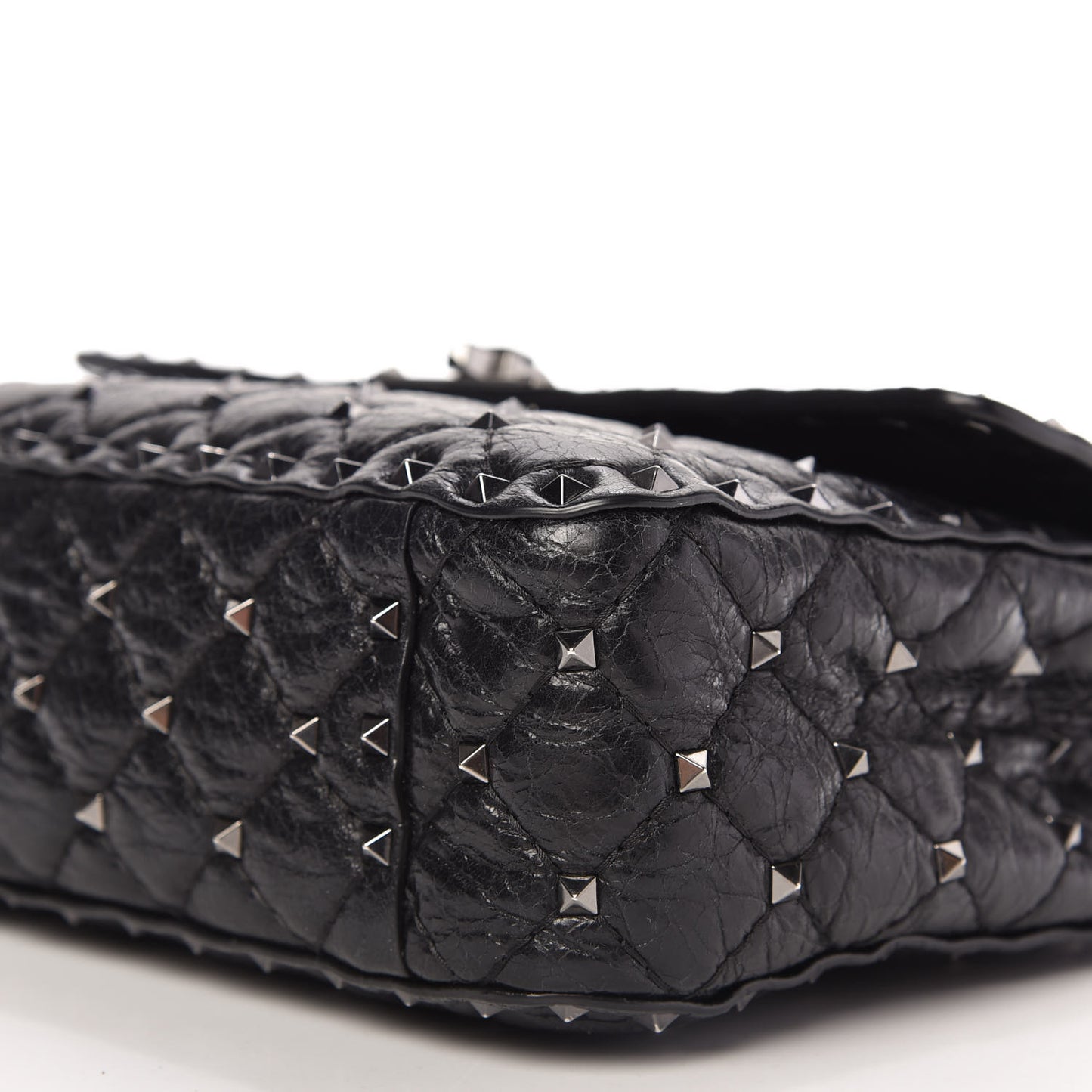 Craquele Nappa Medium Rockstud Spike Shoulder Bag Black