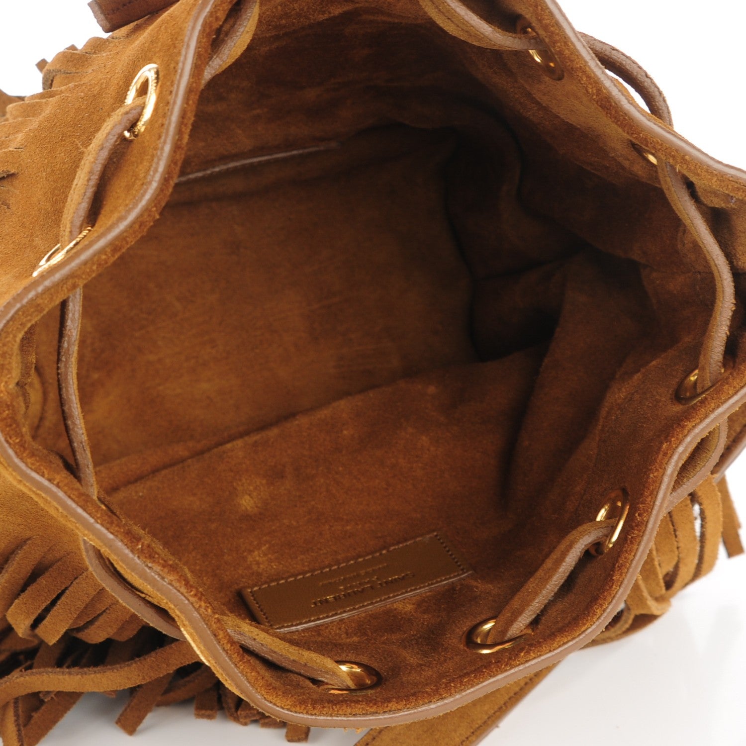 Saint Laurent Suede Calfskin Small Emmanuelle Fringe Bucket Bag Ocher 5 of 7