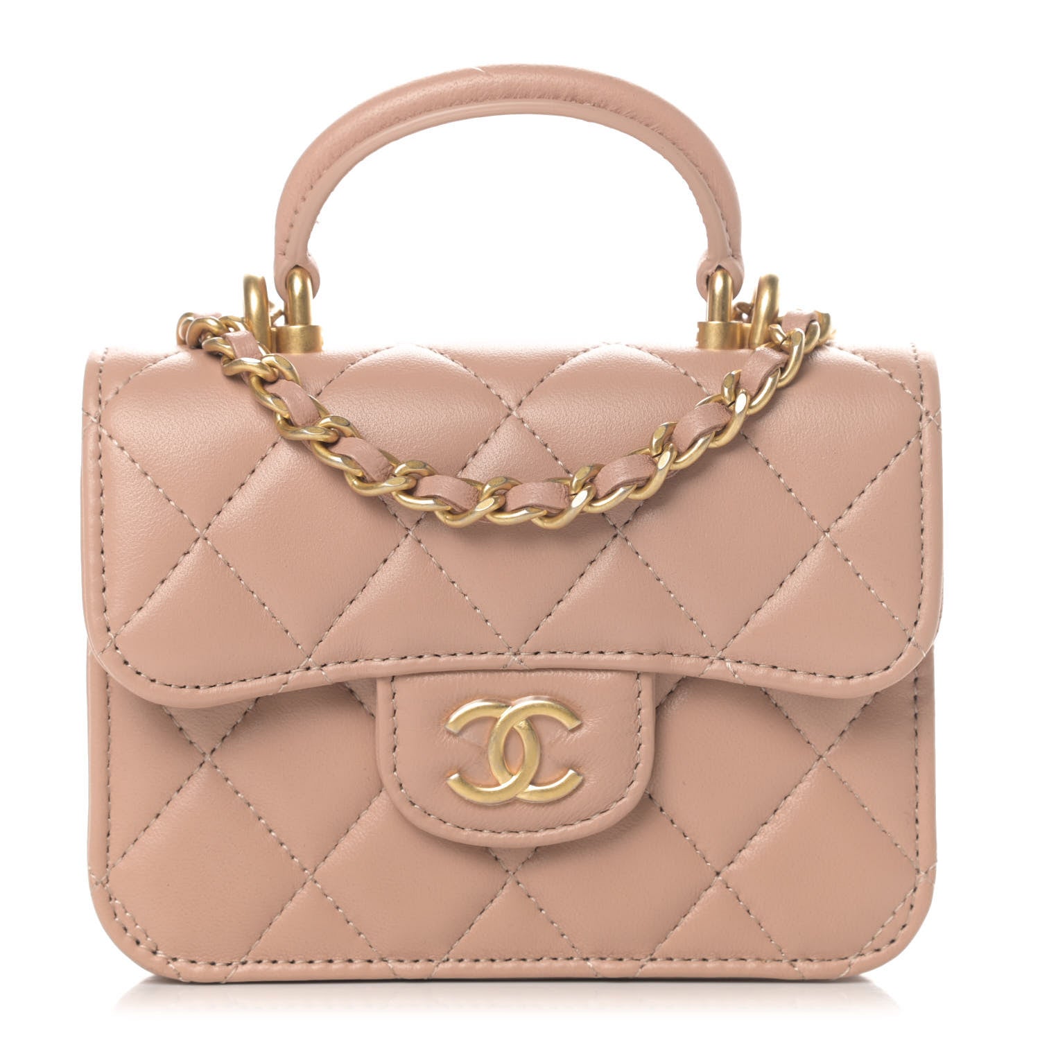 Chanel Lambskin Quilted Top Handle Flap Coin Purse With Chain Beige 1 of 11