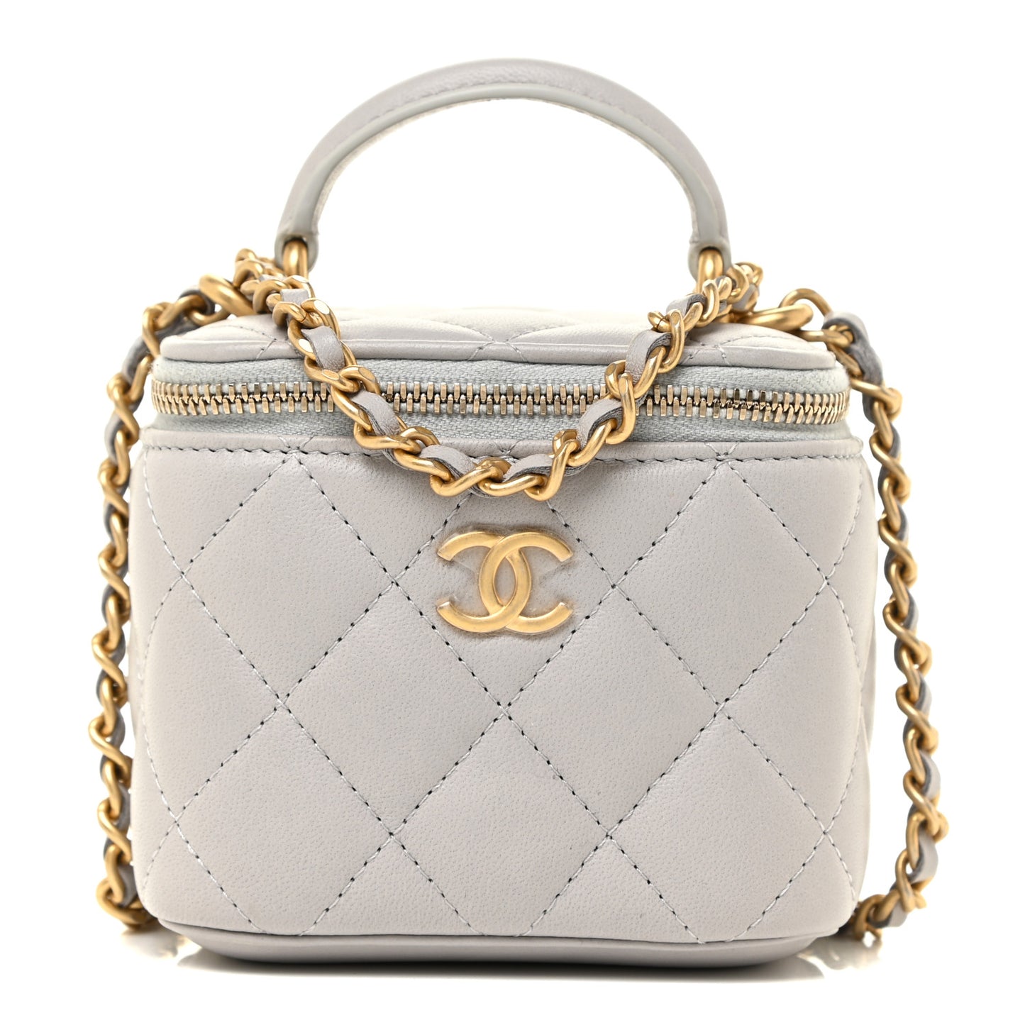 Lambskin Quilted Top Handle Mini Vanity Case With Chain Grey