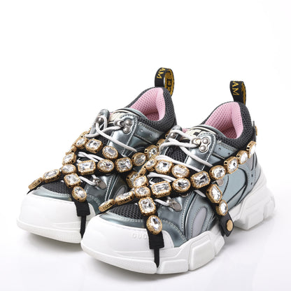 Gucci X SEGA Metallic Calfskin Removable Crystals Womens Flashtrek Sneakers 39 Lago Loess Silver 2 of 8