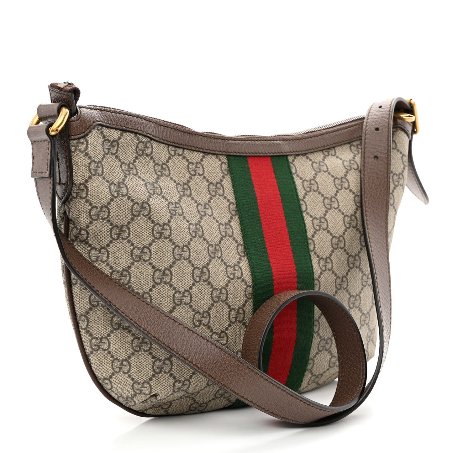 GG Supreme Monogram Textured Dollar Calfskin Web Small Ophidia Half Moon Hobo Beige Ebony New Acero