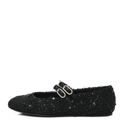 Chanel Tweed Sequin Mary Jane Flats 37.5 Black 1 of 9